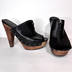 Via Spiga Black Studded Wooden Clog Mules Zipper Detail Size 8